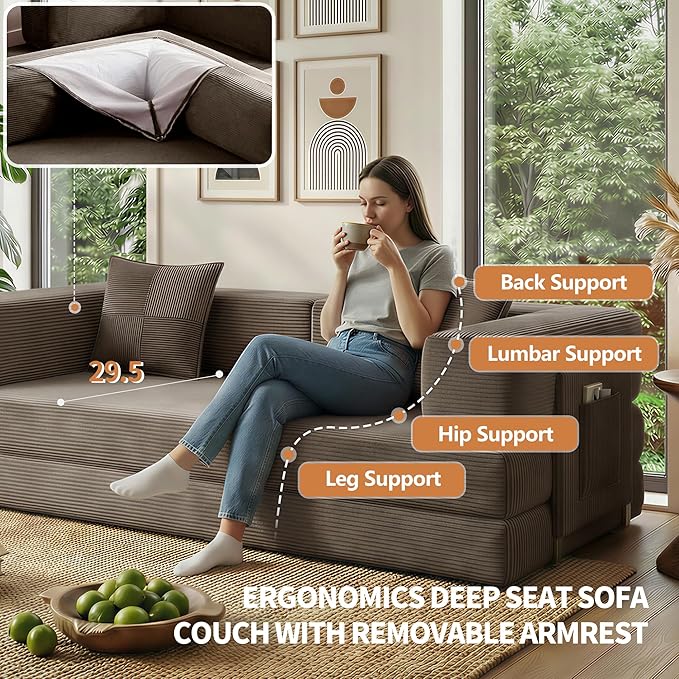 Fancyfire 78.8" Convertible Sofa Bed with Armrest Pillow,4-in-1 Sleeper Couch Bed for Livingroom,Modular Corduroy Boneless couches,No Assembly (Brown)