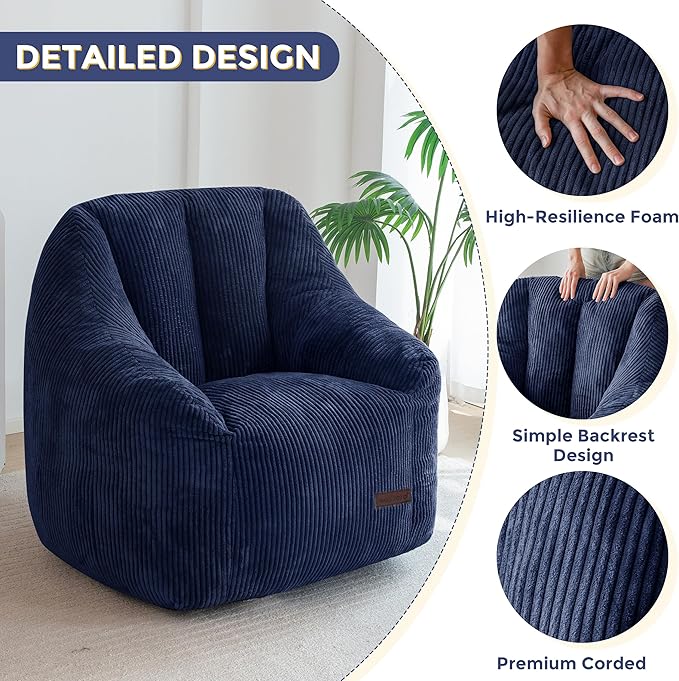 MAXYOYO Bean Bag Chair, Bean Bag Sofa with Filler, Cozy Living Room Chair for Adults and Kids, Stuffed Floor Sofa for Bedroom Dorm Reading, Navy