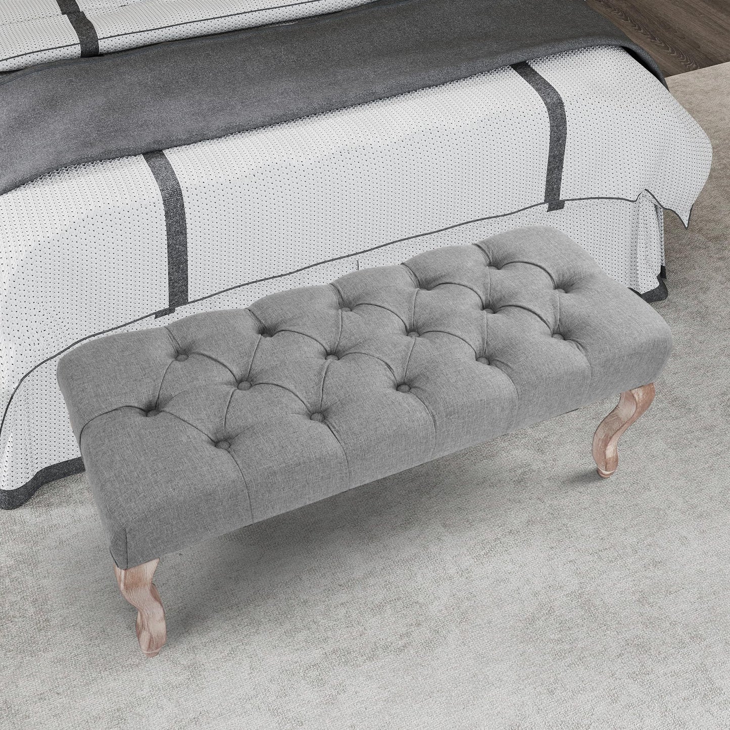 DAGONHIL Bedroom End of Bed Bench Entryway Footstool Window Bench Button-Tufted Footrest Vintage Bench Fabric Rubber Wood Indoor Bench Gray