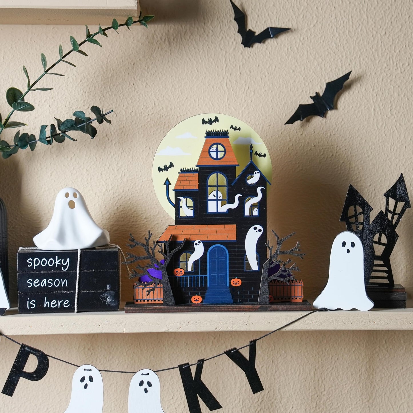 FESTGLOX Halloween Haunted House Decorations, Detachable Light Up Ghost House, Wooden Halloween Tabletop Decorations, Battery Operated Lighted Houses Village Indoor Spooky Decor