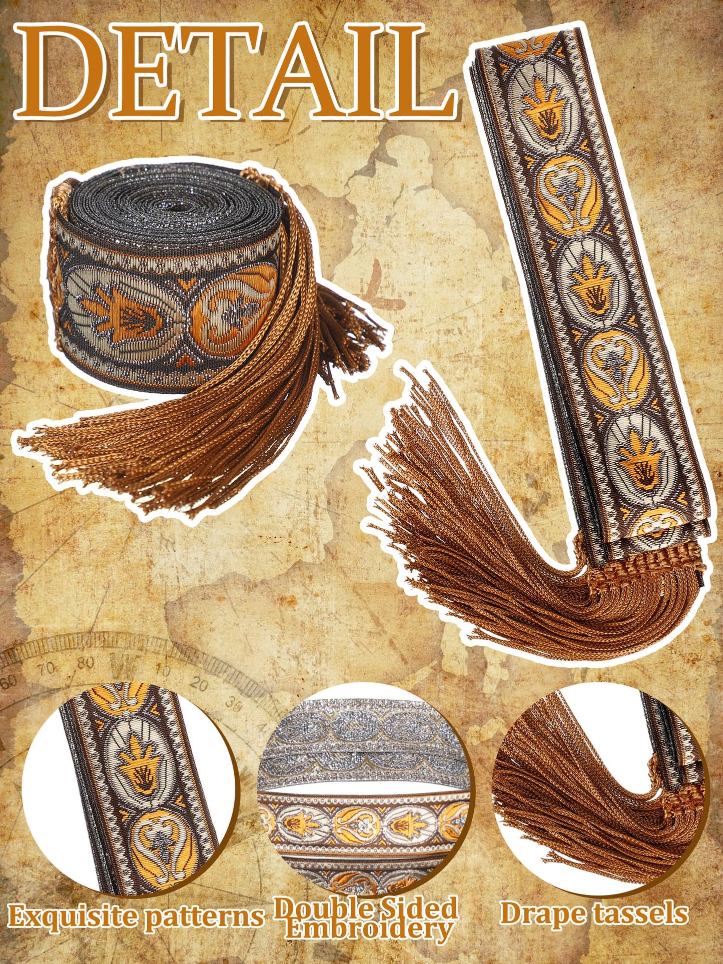 Jiuguva Medieval Women Sash Belt Tassel Waist Belts with Wave Trim Renaissance Dress Tunic Costume Accessory(Classic Style)