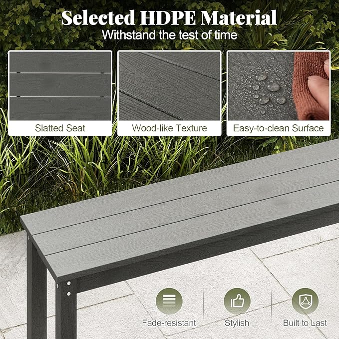 Tangkula HDPE Outdoor Bench, 2-3 Person Patio Bench, 55" Backless Garden Dining Bench with Slatted Seat, Weatherproof Park Bench for Entryway, Porch, Lawn & Backyard (Grey,1)