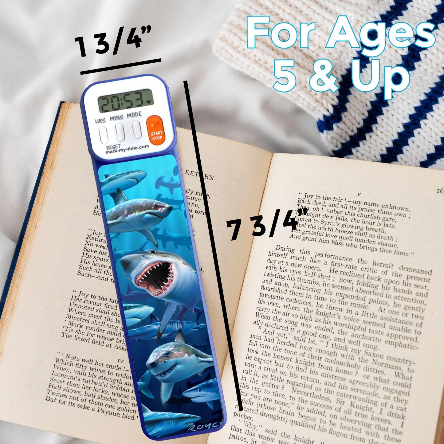 Mark-My-Time - Digital Bookmark - Mark My Time Reading Timer and Bookmark for Kids, Cool Bookmarks and Reading Incentives, Christmas Gift & Stocking Stuffer for Book Lovers - 3D Shark
