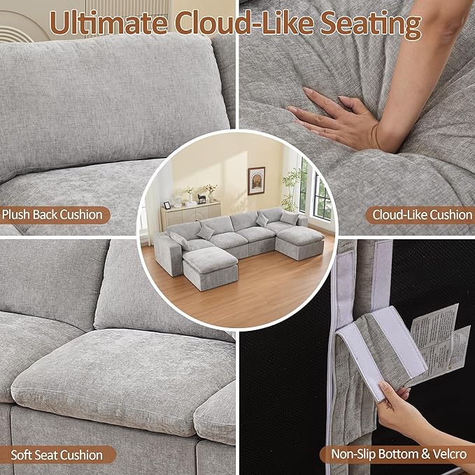 155''Cloud Boneless Sectional Couch, Modular Sectional Sofa Deep Seat with 2 Ottomans, Oversized Upholstered Convertible Comfy 6 Seater Chenille Sofa U Shape Couches for Living Room, Light Grey