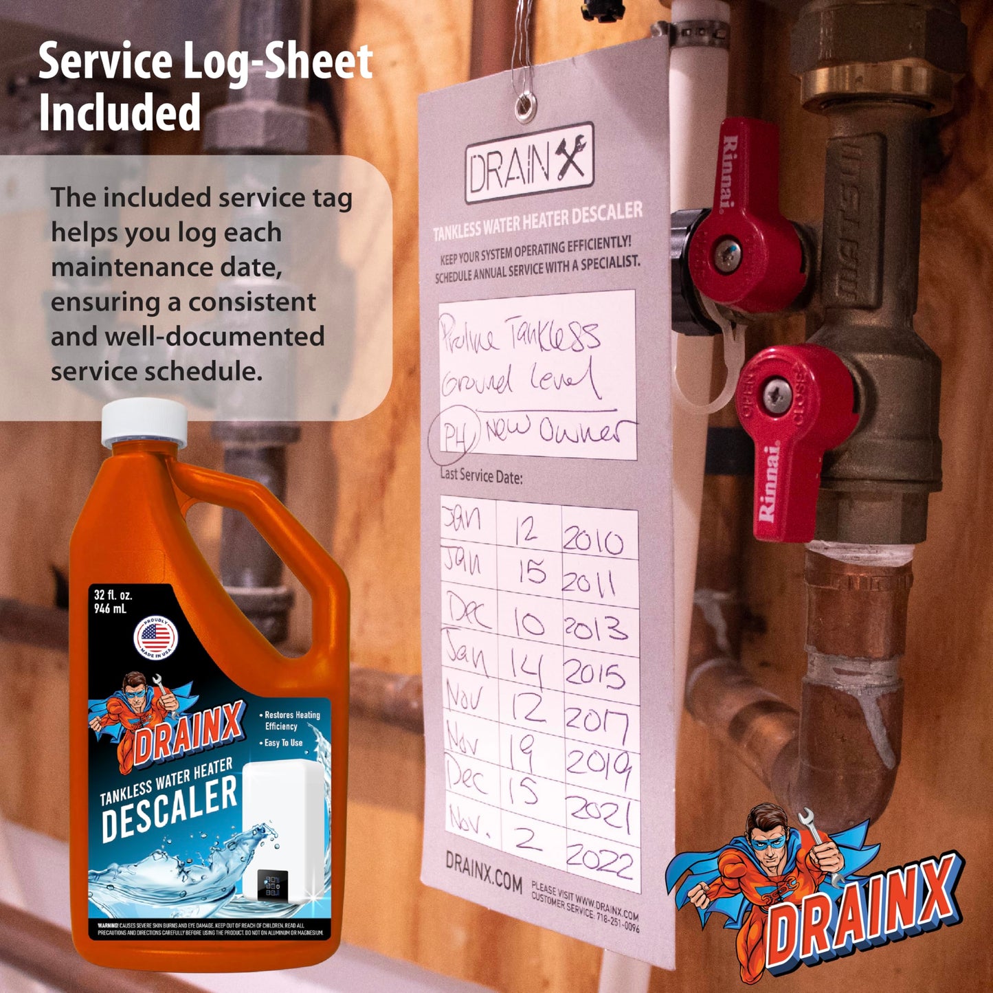 DrainX Tankless Water Heater Flushing Kit Includes Submersible Pump, Hoses, Liquid Descaler Solution, and Measuring Bucket