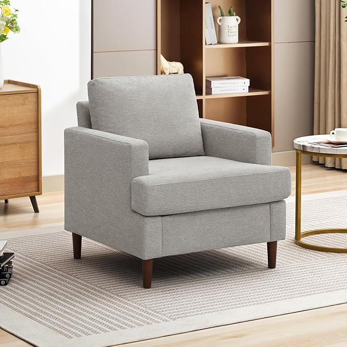 Weture Mid-Century Accent Chair,Modern Linen Fabric Armchair for Living Room,Comfy Upholstered Reading Accent Chairs for Bedroom,Single Sofa Chair with Wood Legs (Light Grey, 1 Pack)