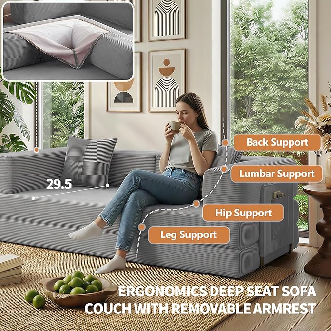 Fancyfire 78.8" Convertible Sofa Bed with Armrest Pillow,4-in-1 Sleeper Couch Bed for Livingroom,Modular Corduroy Boneless couches,No Assembly (Grey)