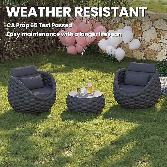 Erotr Front Porch Furniture Set 3 Piece: Aluminum Woven Rope Patio Conversation Sofa Set for 2 - Assembled Outdoor Couch Armchair Set Cushions - for 400lb Deck Balcony Pool Yard Hotel - Dark Gray