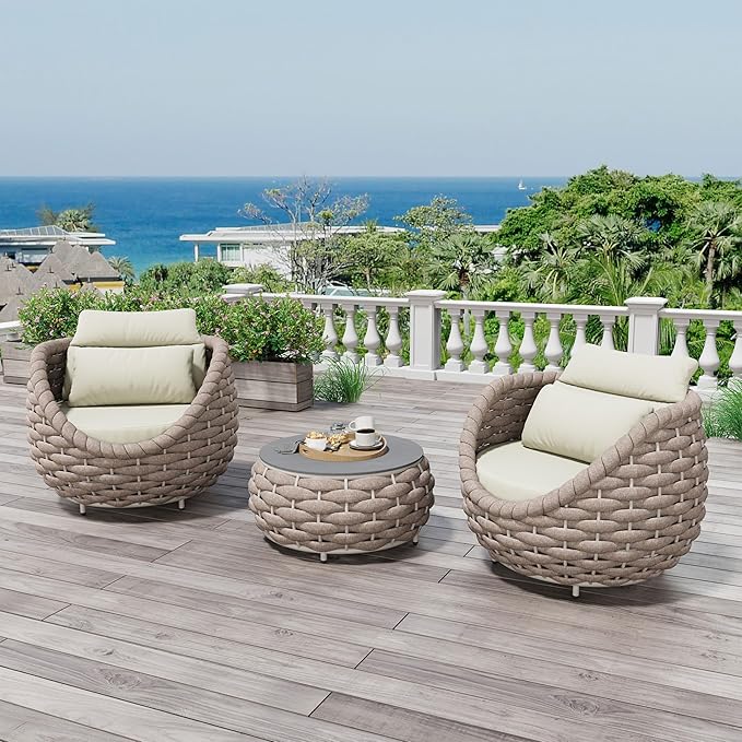 Erotr 3 Pieces Porch Furniture Set: Aluminum Patio Conversation Sofa Set - Assembled Couch Armchair Table Set Cushioned - Hand Woven Rope Chair Set 400 LBS All Weather for Indoor Deck Balcony Hotel