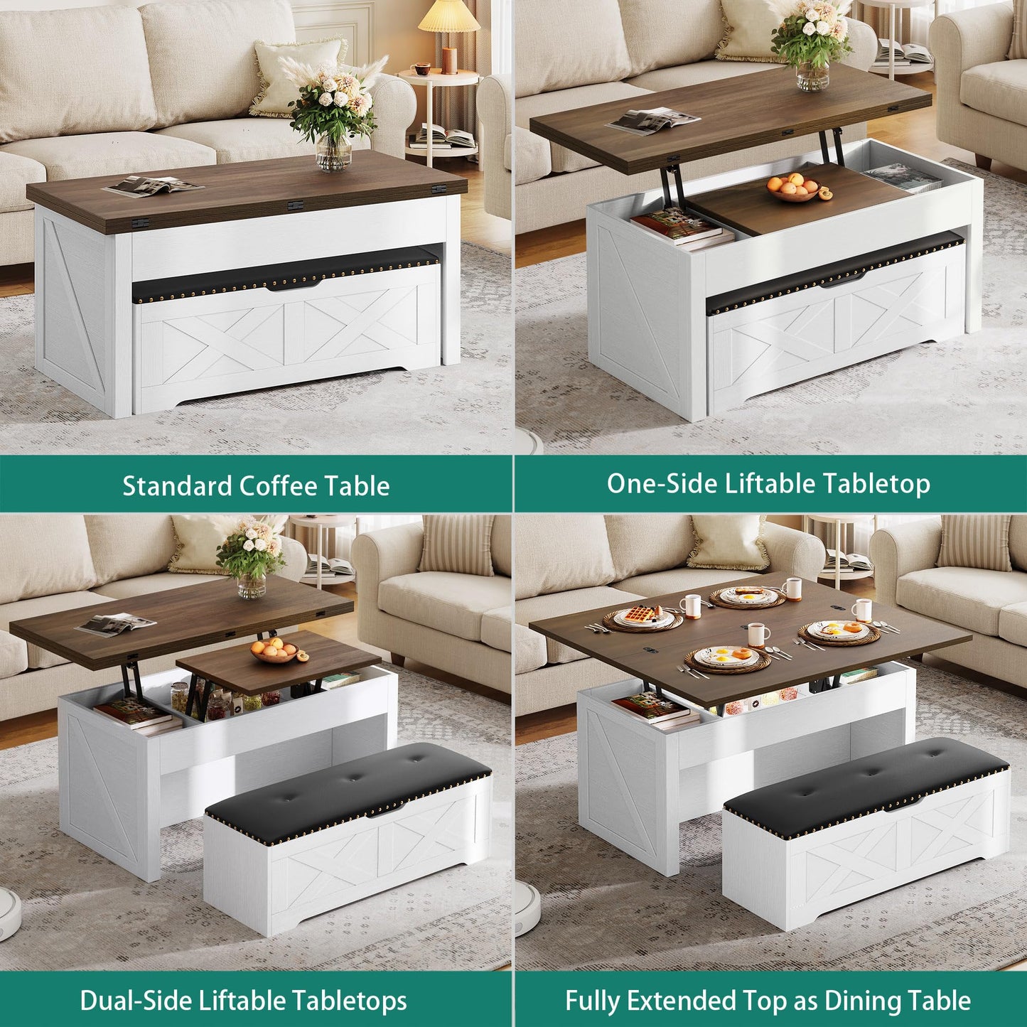 YITAHOME Lift Top Coffee Table Set with Storage Ottoman Bench & Wheels, 4 in 1 Convertible Dinning Center Tables with Hidden Compartment, Farmhouse Coffee Tables for Living Room Furniture, Brown Top