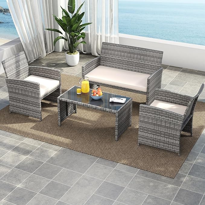 Tangkula 4 Piece Patio Wicker Furniture Set, Outdoor Heavy Duty Rattan Cushioned Chairs, Loveseat and Tempered Glass Coffee Table, for Backyard, Balcony, Poolside
