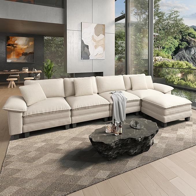 HERA'S HOUSE 158" Modular Sectional Sofa, Oversized L Shaped Couches for Living Room, Comfy Cloud Couch with Ottoman, 5-Seater Deep Seat Sofa with Throw Pillow, Chenille Beige