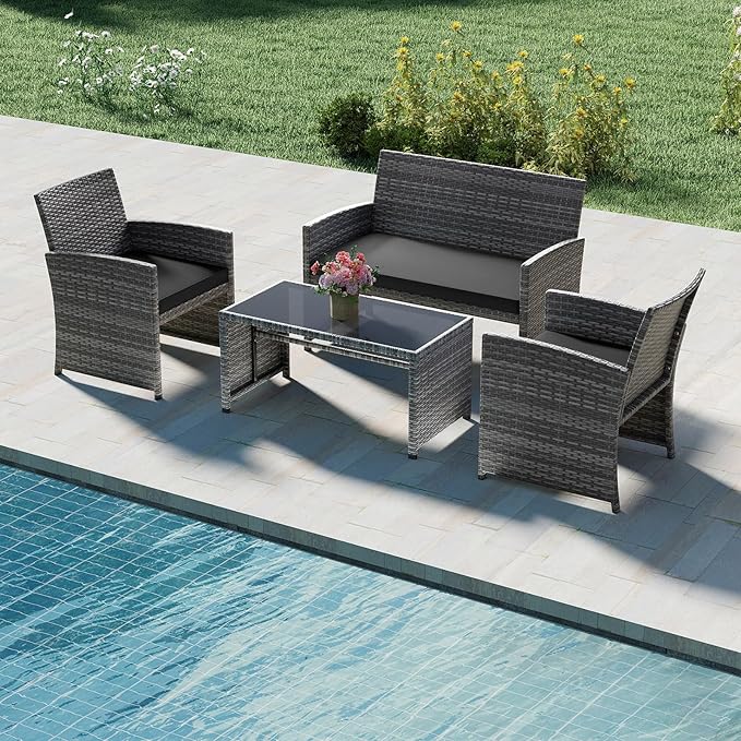 Tangkula 4 Piece Patio Wicker Furniture Set, Outdoor Heavy Duty Rattan Cushioned Chairs, Loveseat and Tempered Glass Coffee Table, for Backyard, Balcony, Poolside (Black)