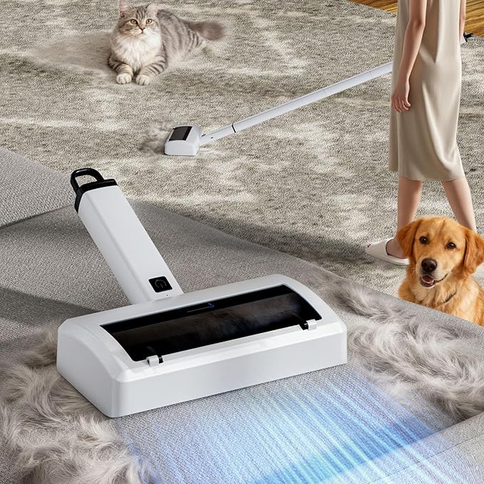 Electric Carpet Rake & Pet Hair Remover Tool - 5-Section Extendable Handle Motorized Dog & Cat Hair Removal for Carpets, Hardwood Floors, Car Trunk, Sofa, Rugs, Cat Bed & Laundry (White, Electric)