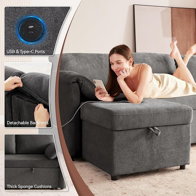 Tbfit 83'' Pull Out Sofa, 3 in 1 Sleeper Sofa Couch with USB & Storage Chaise, Comfy Sofa Bed with Pull Out Bed, Convertible Sleeper Sofas for Living Room, Small Spaces, Dark Gray