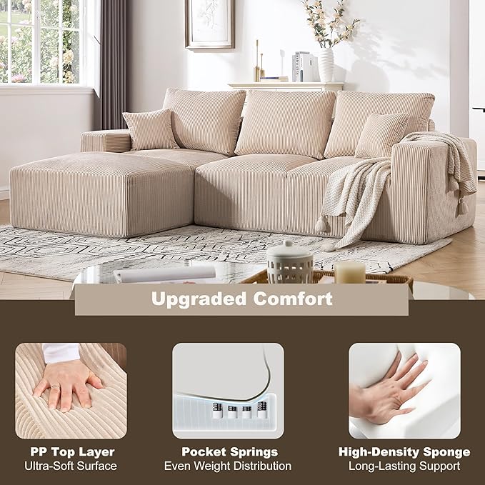 108" Modular Sectional Sofa, Compression Sofa with Deep Seat, Modular L-Shape Couch with Chaise, Upholstered Couches for Living Room Bedroom, No Assembly Required (Oat Corduroy, 108" L Shape)