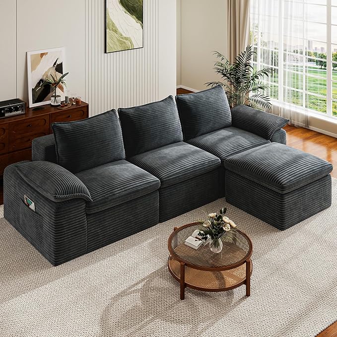 Buytime 104" Comfy Cloud Couch, Convertible Boneless Couches for Living Room, L Shaped Modular Sectional Sofa with Deep Seat, Double-Layer Cloud Cushion and Headrest, Pebble Grey