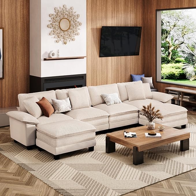 MIXPATIO 157-Inch U Shaped Sectional Sofa with Cloud Cushions, Deep Seat Modular Couch Set w/ 6 Seats & 2 Ottomans, Plush Chenille & Corduroy Upholstery for Living Room, Apartment - Beige