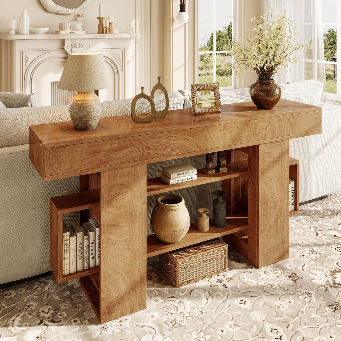 Einhomn 63 Inch Console Table with Storage, Looped Frame 3-Tire Wooden Sofa Table Behind The Couch, Farmhouse Entry Foyer Table for Entryway, Living Room, Hallway, Natural