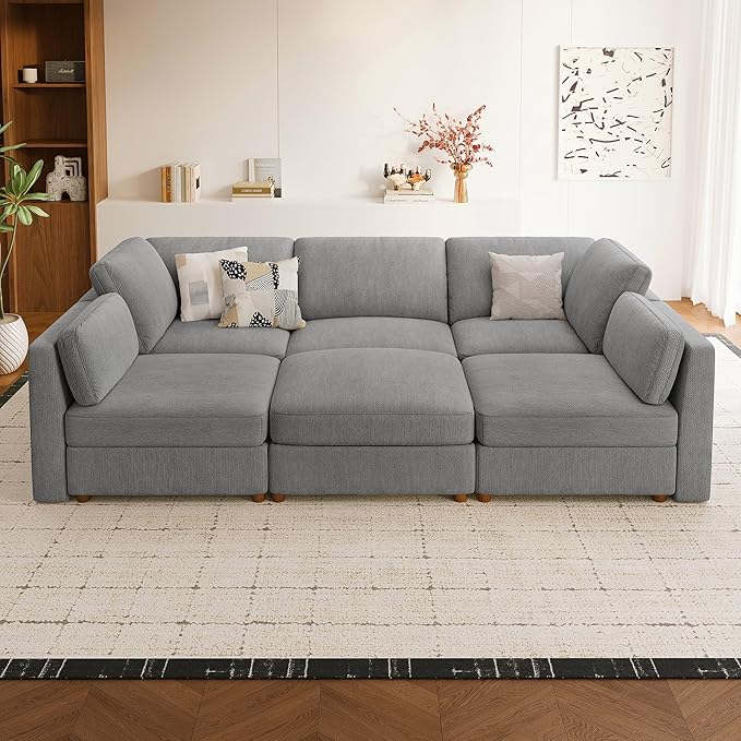 CUGOAO 118'' Modular Sectional Sofa Bed, Oversized Sectional Couch, Deep Seat Chenille Cloud Couch, Removable Cover, Mordern Upholstered Couches for Living Room, Apartment, Office, Grey