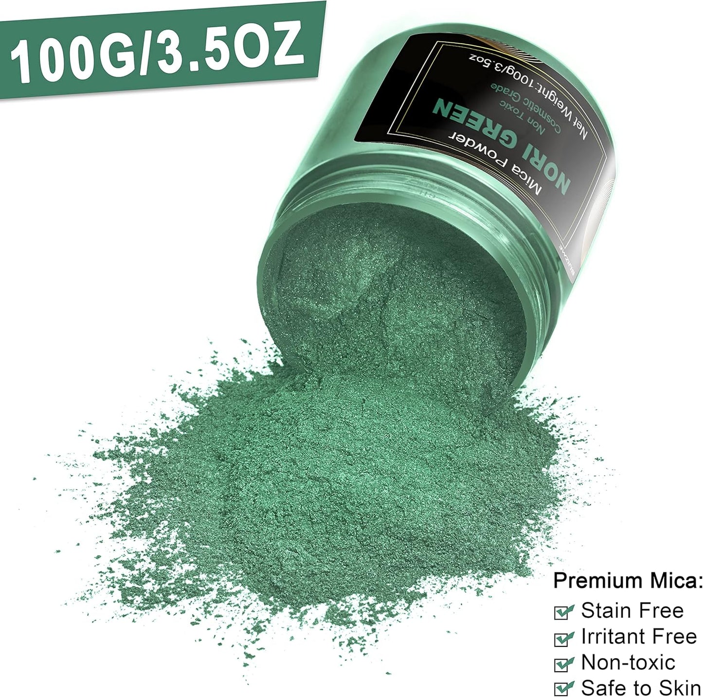 Nori Green Mica Powder(100g) Big Bottle Pigment Powder Multipurpose DIY Arts and Crafts Additive, Woodworking, Epoxy, Resin, Natural Bath Bombs, Paint, Soap,Nail Polish, Lip Gloss(Nori Green, 3.5oz)