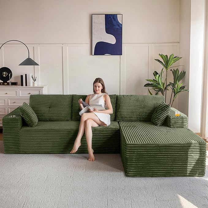 MAXYOYO 104" Modular Sectional Couch with L-Shape Chaise, Modern Boneless Couch for Living Room, Sofa in A Box, Oversized Sofa Sleeper with Deep Seat, No Assembly Required, Green