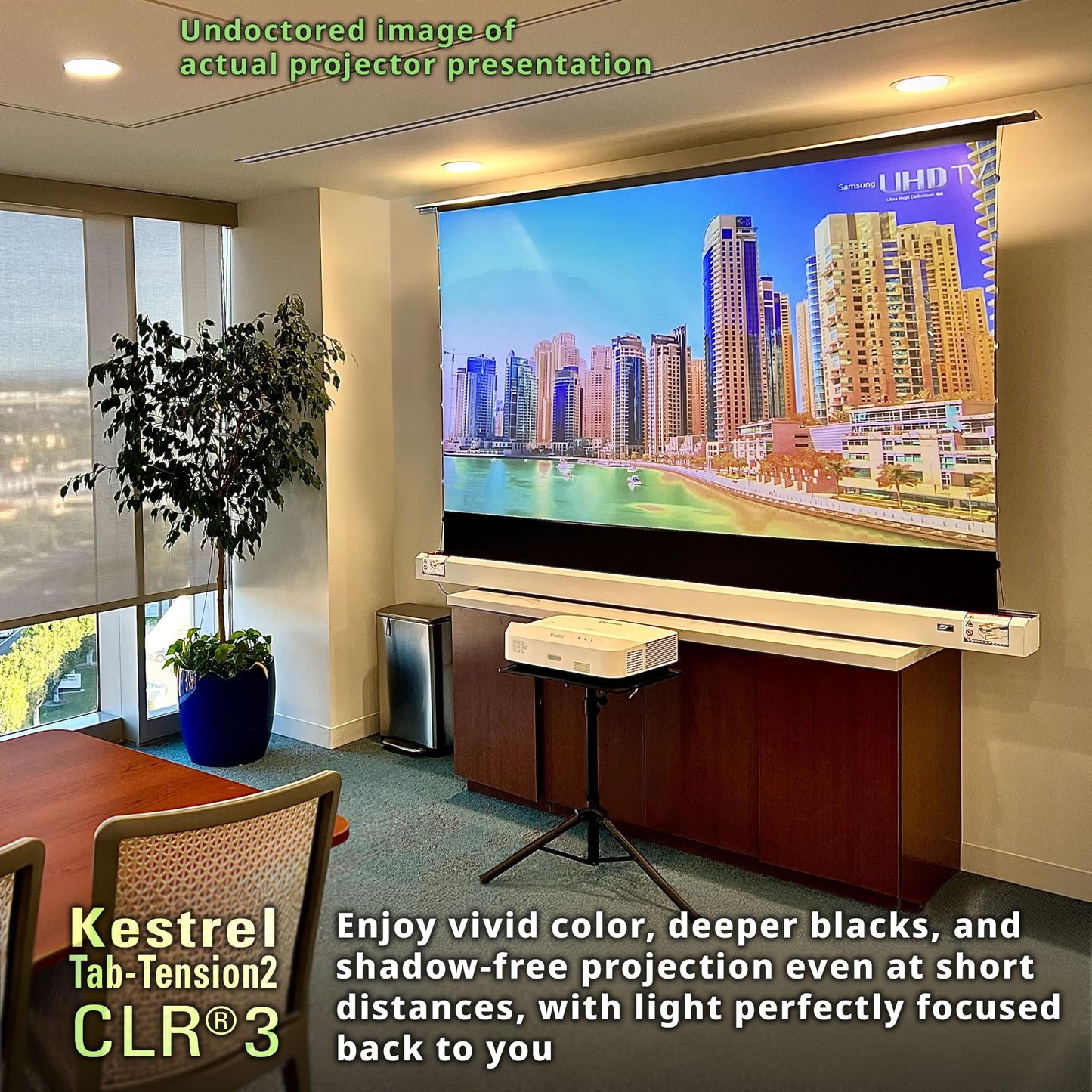 Elite Screens Kestrel Tab-Tension 2 CLR3, 101" 16:9, Ultra-Short Throw Ceiling Ambient Light Rejecting (CLR/ALR) Electric Floor-Rising Motorized Front Projector Screen,White Casing, FTE101XH3-CLR3