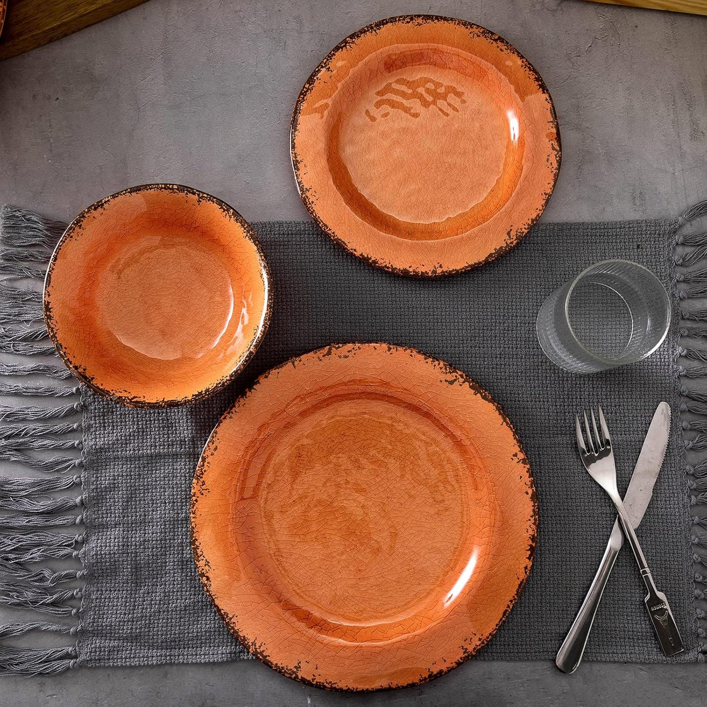 LEHAHA Rustic Farmhouse Melamine Dinner Plates Set of 6, 11 inch Lightweight Camper RV Dishes, Indoor and Outdoor Use, Reusable, Sturdy and Dishwasher Safe, Orange