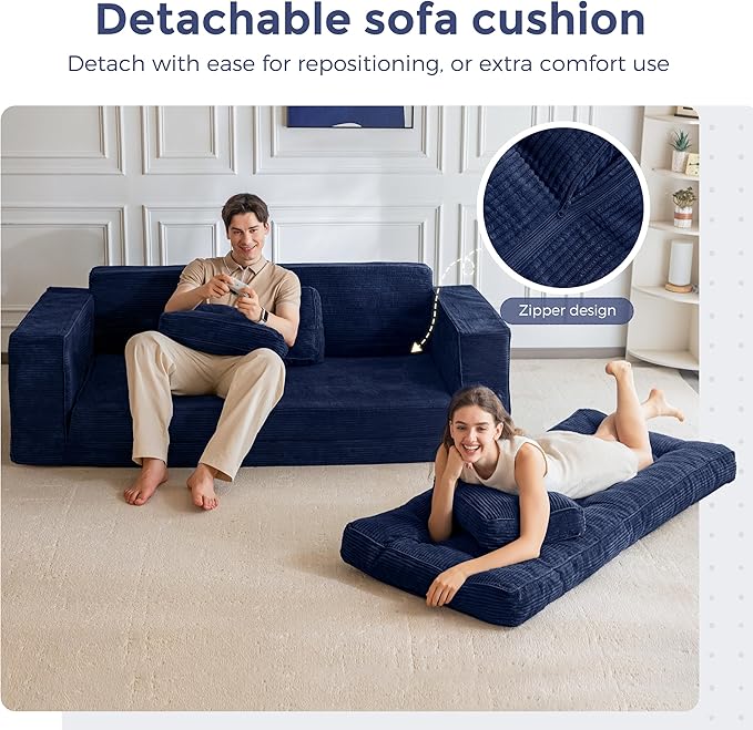 MAXYOYO Convertible Sofa Bed, Pull Out 3 Seater Sleeper Sofa, 2 in 4 Folding Couch Bed, Fold Out Floor Couch with Pillows for Living Room Bedroom Lounge, Navy