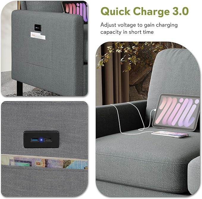 STHOUYN 72" W 3 Seater Couch with 2 USB, Comfy Grey Couch with 2 Pockets, Living Room Sofas with Reinforced Steel Frame, Cheap Sofas for Small Spaces, Dorm, Bedroom