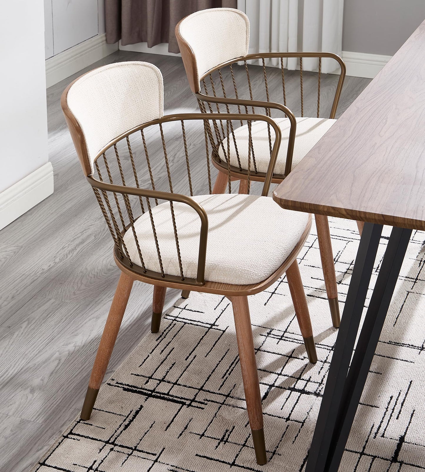 Linen Upholstered Dining Room Chairs Set of 2, Spindle Back Wooden Chairs, Mid Century Modern Dining Chairs with Arms & Metal Legs, Industrial Side Armchairs for Living Room/Restaurant,Beige