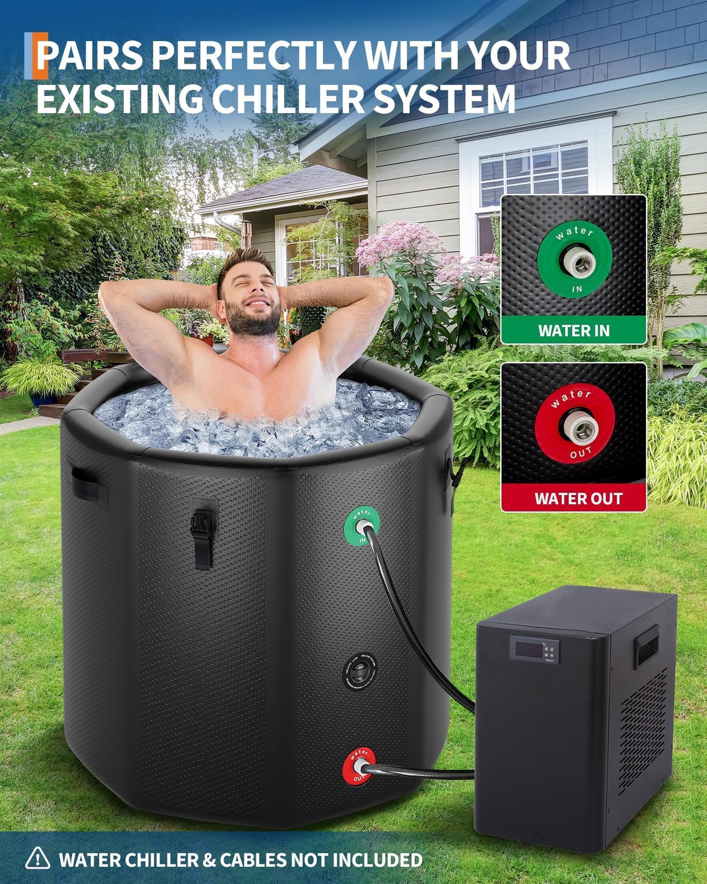 GarveeTech Ice Bath Tub for Athletes, Compatible with Water Chillers, 186Gallon Inflatable Cold Plunge Tub with Insulated Lid, Portable Cold Water Therapy Ice Pod for Recovery (Black, 186Gallon)