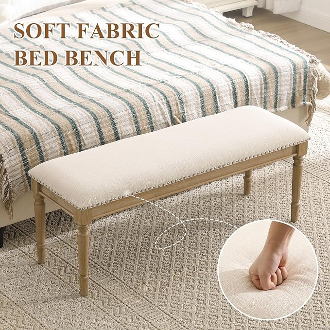 DM Furniture 46'' French Country Entryway Bench Wooden Linen Fabric Upholstered Seat Dinng Bench with Nailhead Trim for Hallway End of Bed, Beige