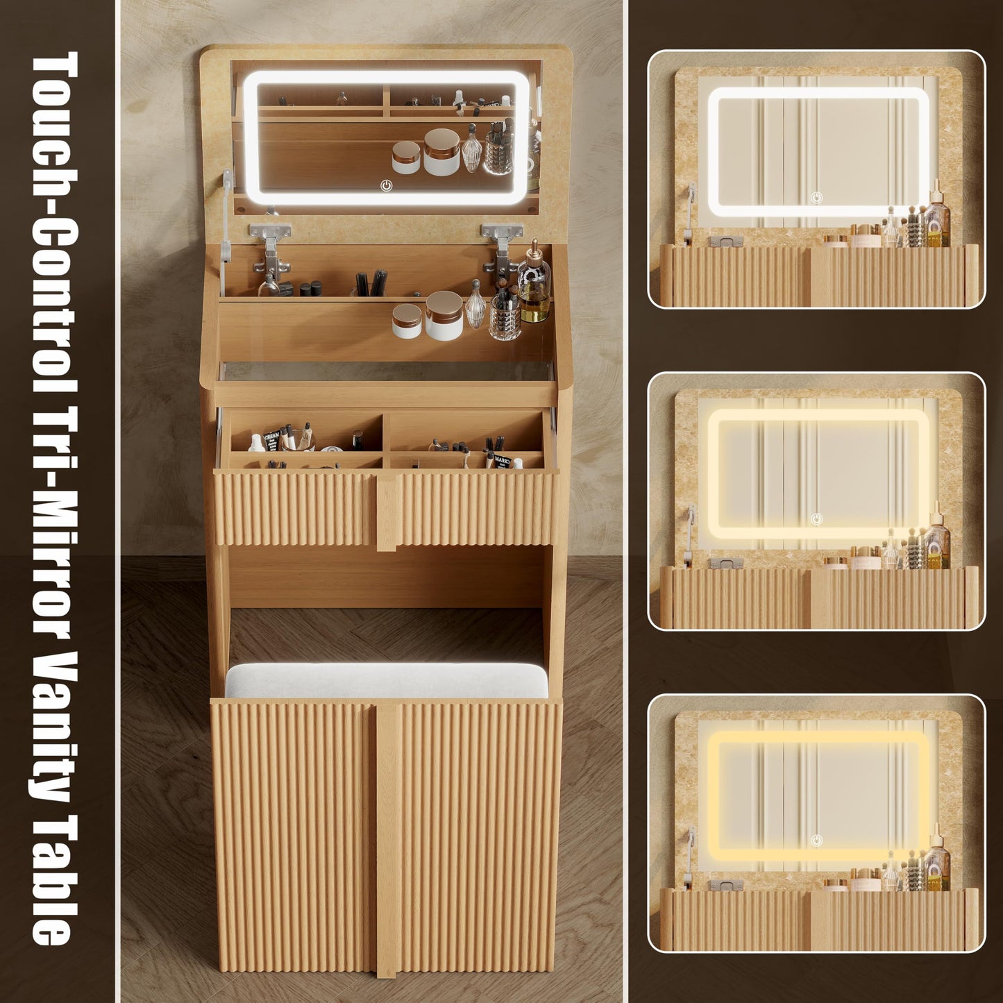 ALLHOMWIE 3 in 1 Makeup Vanity Desk with Lights and Flip Top Mirror, 24" Modern Compact Vanity with Hidden Chair, Makeup Set with 2 Drawers and Reinforced Legs, Light Oak
