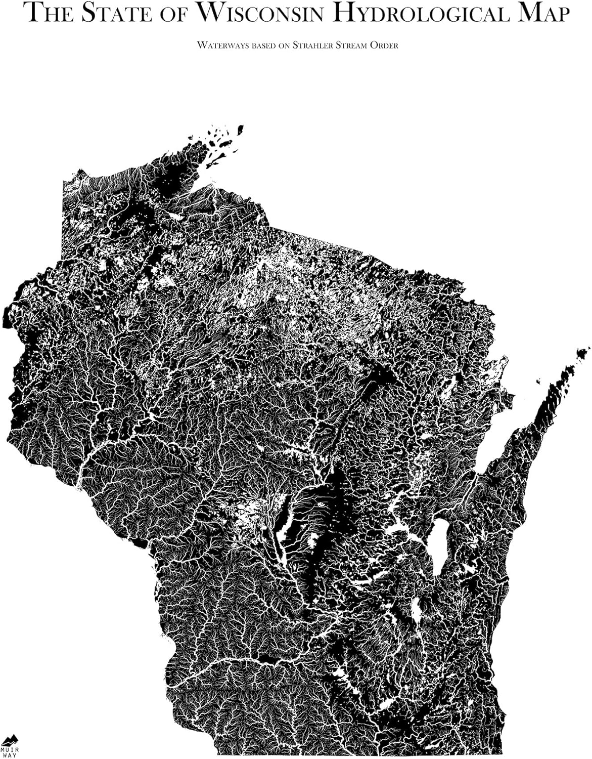 Muir Way Hydrological River Map of Wisconsin - Watershed Topographic Wall Art for Home, Office, or Travel Decor - Unframed Flat Paper Print, 18x24