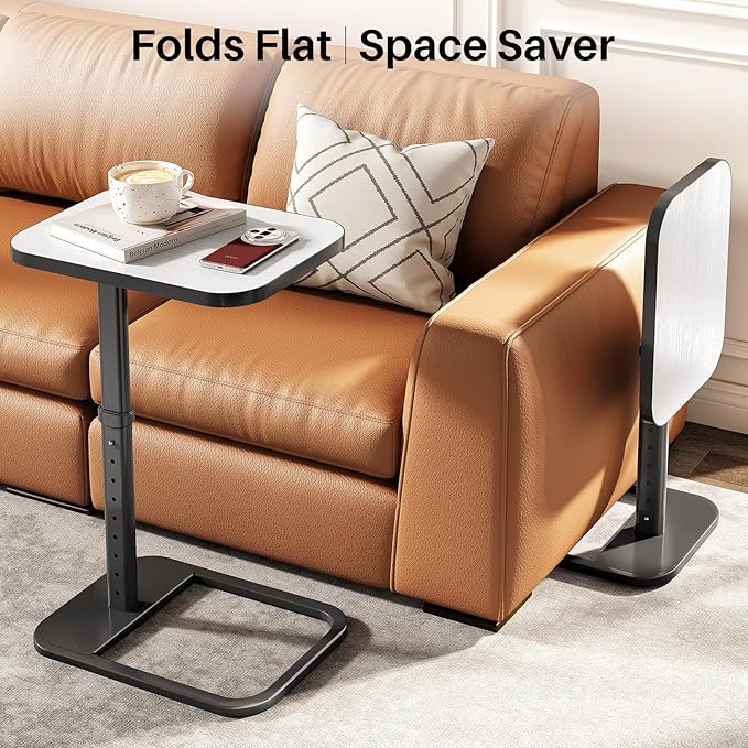 Kitstorack TV Tray Table, Adjustable Height & Rounded Metal Corners, Snack Table for Couch, Sofa, Bed, Chair, Living Room, C Shaped End Side Table for Eating, Dinner or Laptop, Small Spaces, White