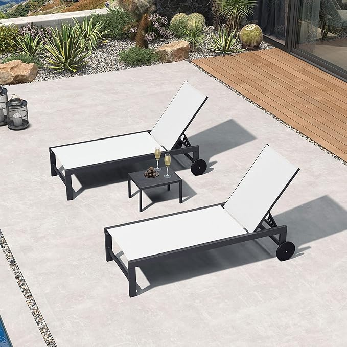PURPLE LEAF Patio Lounge Chair Set for 2 Outdoor Chaise Lounge with Adjustable Backrests and Wheels Aluminum Reclining Pool Chair for Outside Yard Poolside Table Included, Linen
