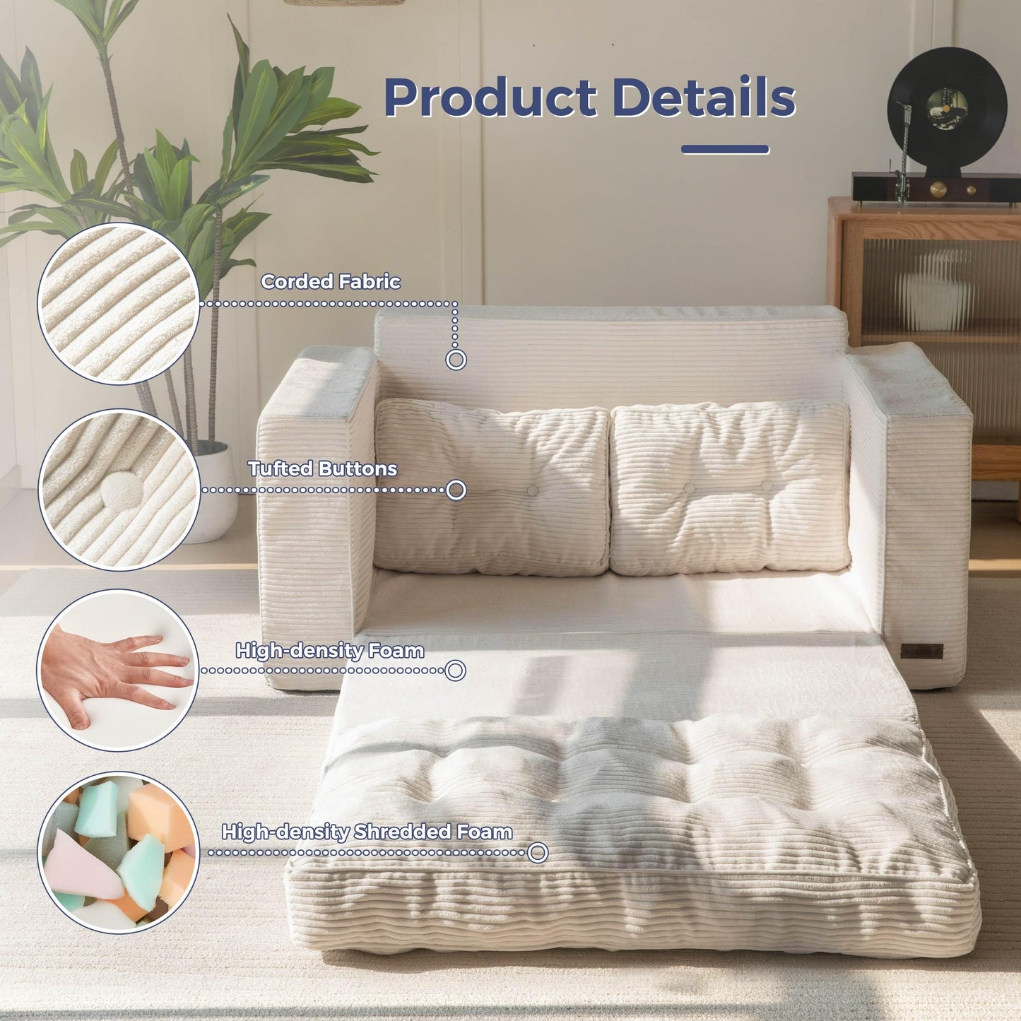 MAXYOYO Convertible Sofa Bed, Pull Out Loveseat Sleeper Sofa, 2 in 1 Folding Couch Bed, Fold Out Floor Couch with Pillows for Living Room Bedroom Lounge, Beige