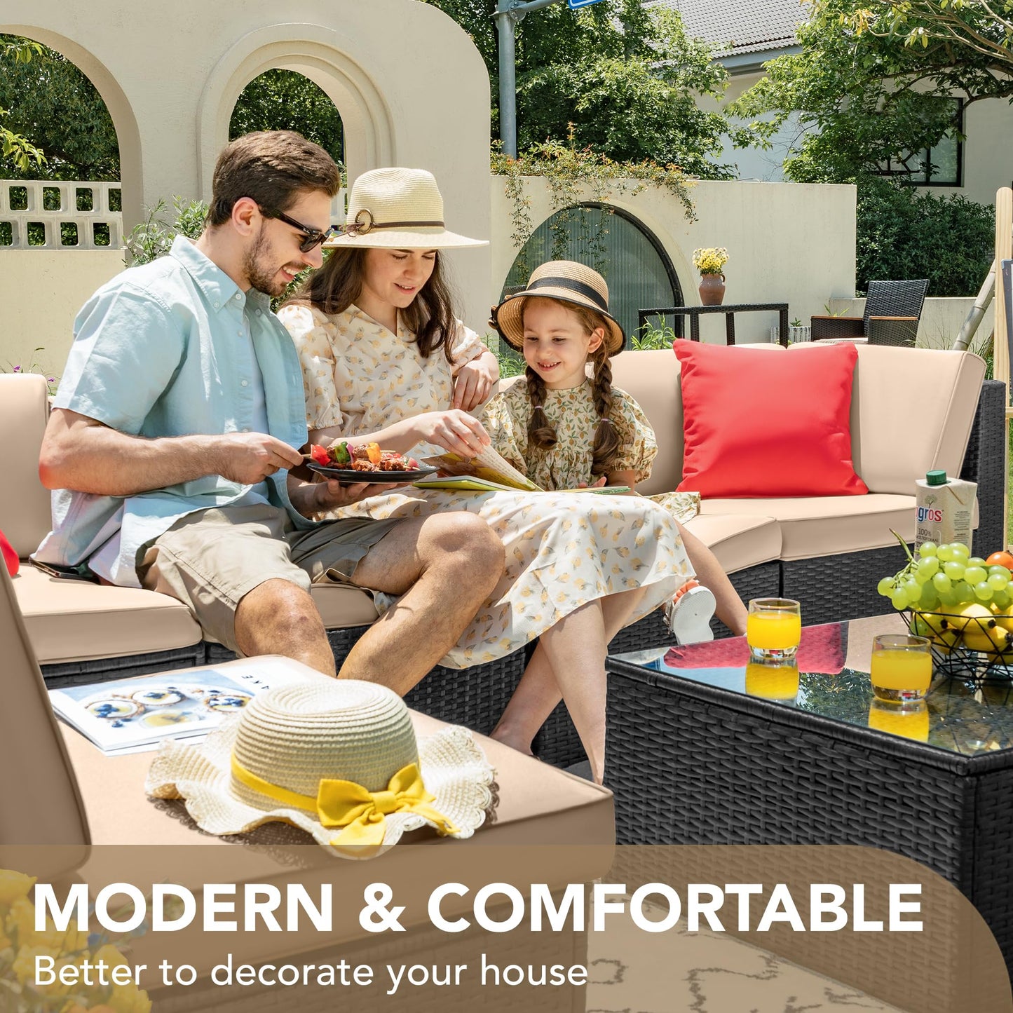 Devoko 7 Pieces Outdoor Sectional Sofa Patio Furniture Sets Manual Weaving Wicker Rattan Patio Conversation Sets with Cushion and Glass Table (Beige)