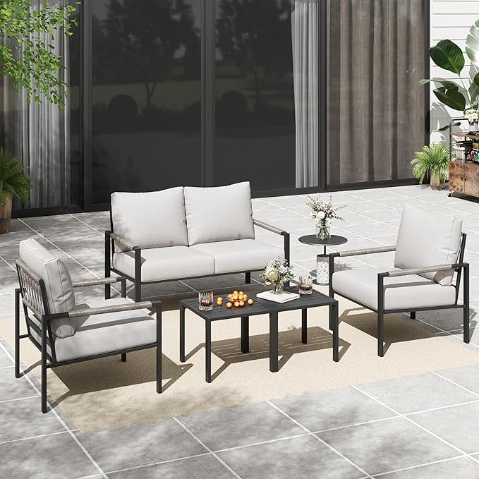 PATIOCHIC 5 Pieces Rattan Outdoor Furniture Set, All-Weather Patio Conversation Set with Warm Grey Cushions and Coffee Tables for Garden, Backyard, Balcony, Poolside