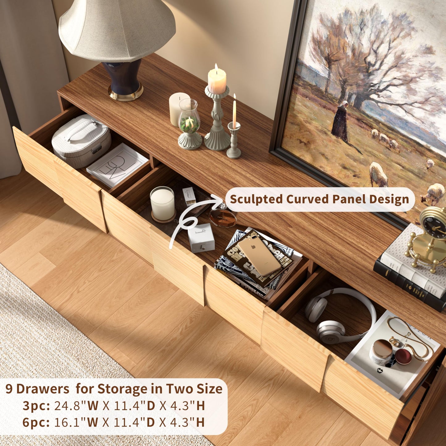 Lamohome 9 Drawer Dresser with Solid Wood Drawer Fronts, 65" Chest of Drawers Modern Wood Dresser with Artistic Gradient Finish for Bedroom & Living Room