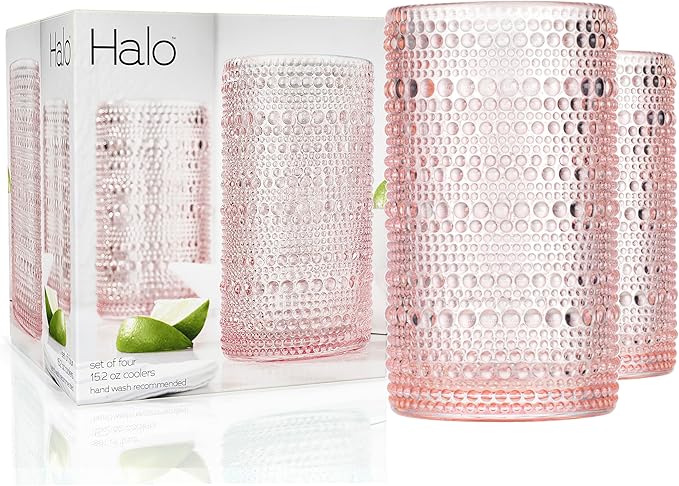 Glaver's Hobnail Drinking Glasses, Pink Vintage Glassware Set, Beaded Drinking Glasses, Set Of 4 15 oz Cocktail Glass Set,...