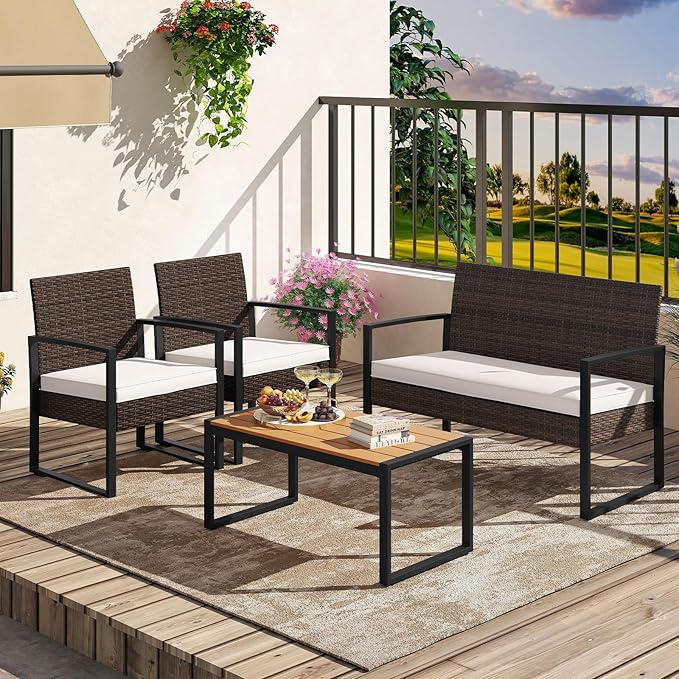 Tangkula 8 Pieces Patio Furniture Set, Outdoor Rattan Conversation Set w/Cushioned Chairs & Wood Plastic Coffee Table, Wicker Sectional Seating Furniture for Backyard, Poolside, Porch (Off White,2)