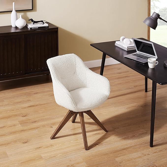 Art Leon Dining Chair, Mid Century Modern Boucle Fabric Upholstered Swivel Dining Room Chair with Oak Wood Legs, Leisure Side Chair with Arms for Living Room, White