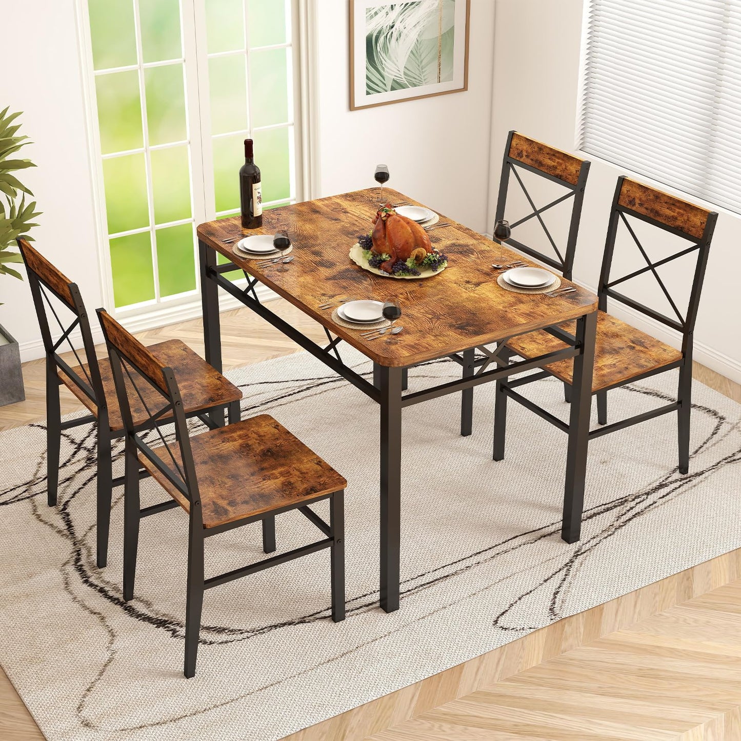 Zevemomo 5-Piece Dining Table Set, Dining Table Set for 4, Small Kitchen Table Set for 4, Wood Dining Room Table, with 4 Curved Backrest Chairs, Compact Dining Set for Small Spaces & Kitchen-Brown