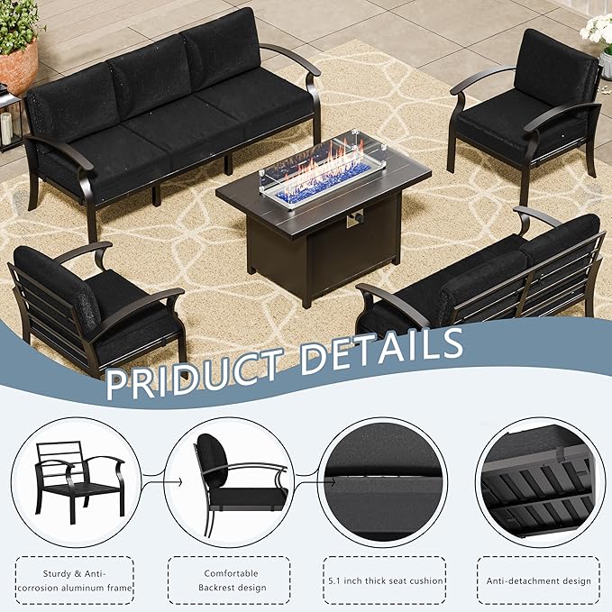 RTDTD Aluminum Outdoor Patio Furniture Set,5 Pieces 7 Seats Patio Conversation Sets with 45" Propane Fire Pit Table,Metal Patio Sectional Furniture Set w/5.1" Cushions for Porch,Deck,Backyard,Black