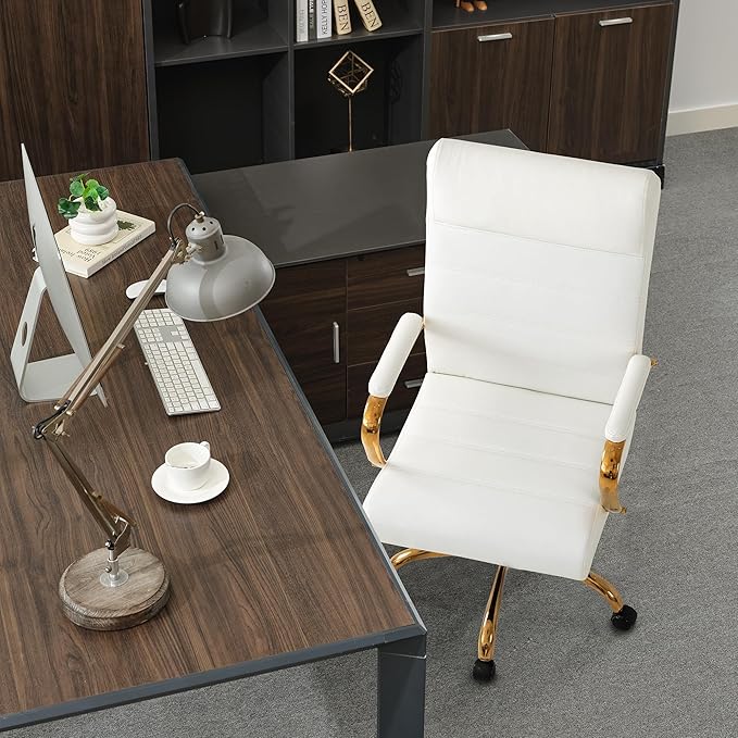 BOWTHY White and Gold Office Desk Chair, Modern Leather Conference Room Chairs, High Back Ergonomic Home ofiice Chair, Adjustable Height Swivel Executive Computer Chair with Padded Seat and Armrest