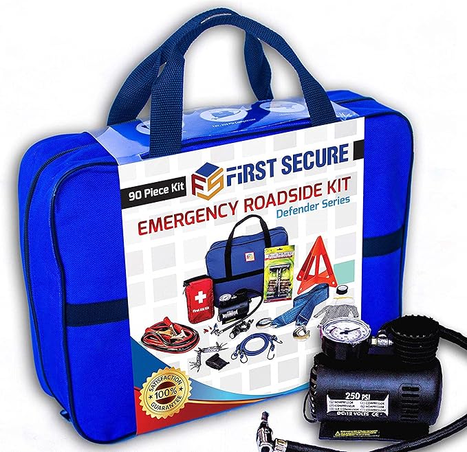 Car Emergency Kit with Air Compressor, Jumper Cables, First Aid, Tow Strap, Tire Gauge, Headlamp – Roadside Safety Kit for...