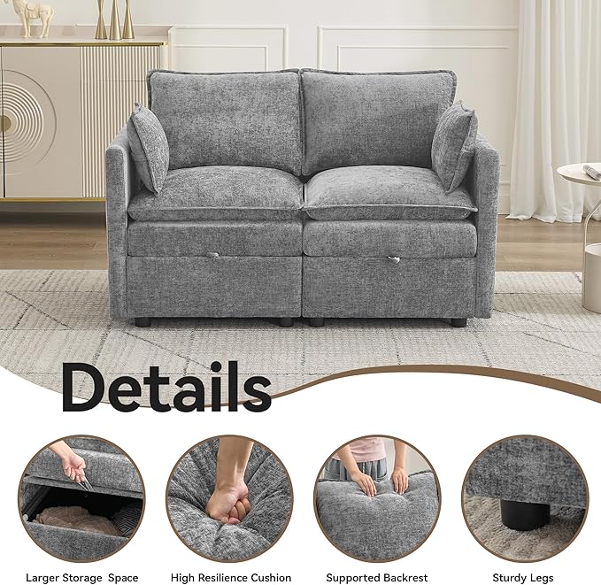 55" Cloud Modular Loveseat Sofa with Storage, Modern Upholstered Sofa Couch Small Love Seat，2 Seater Chenille Comfy Sectional Sofa with Armrests for Living Room, Small Space, Light Grey