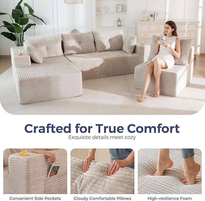 MAXYOYO 132" Oversize Modular Sectional Couch with L-Shape Chaise, Modern Boneless Couch for Living Room, Sofa in A Box, Oversized Sofa Sleeper with Deep Seat, No Assembly Required, Grayish Beige